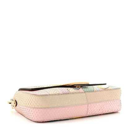 Fendi baguette handbag side view, textured snakeskin with pink and beige tones