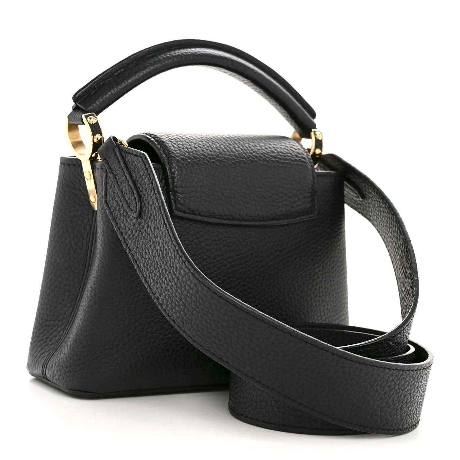 Black textured leather mini handbag with curved shoulder strap and gold-tone clasp hardware