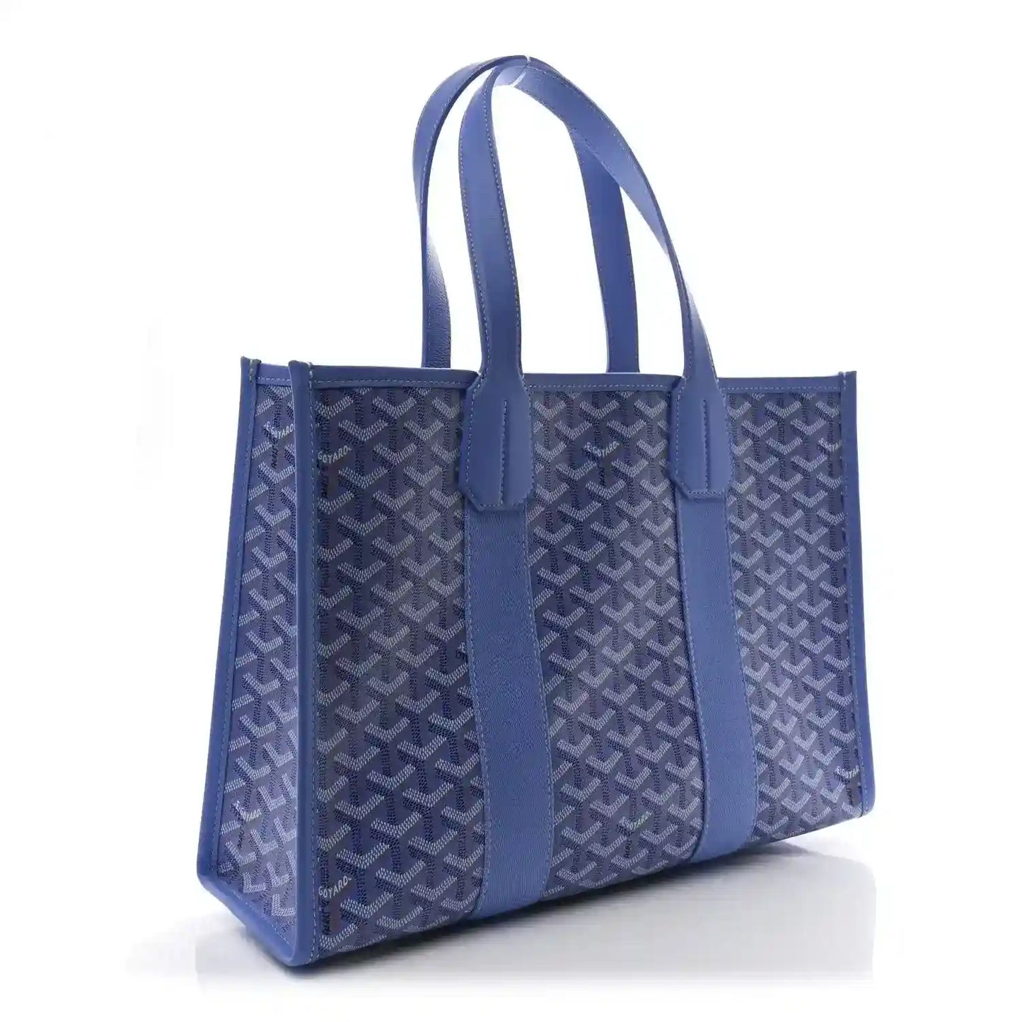 Goyardine Villette PM tote bag in blue, geometric coated canvas with front strap detail