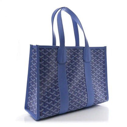 Goyardine Villette PM tote bag in blue, geometric coated canvas with front strap detail