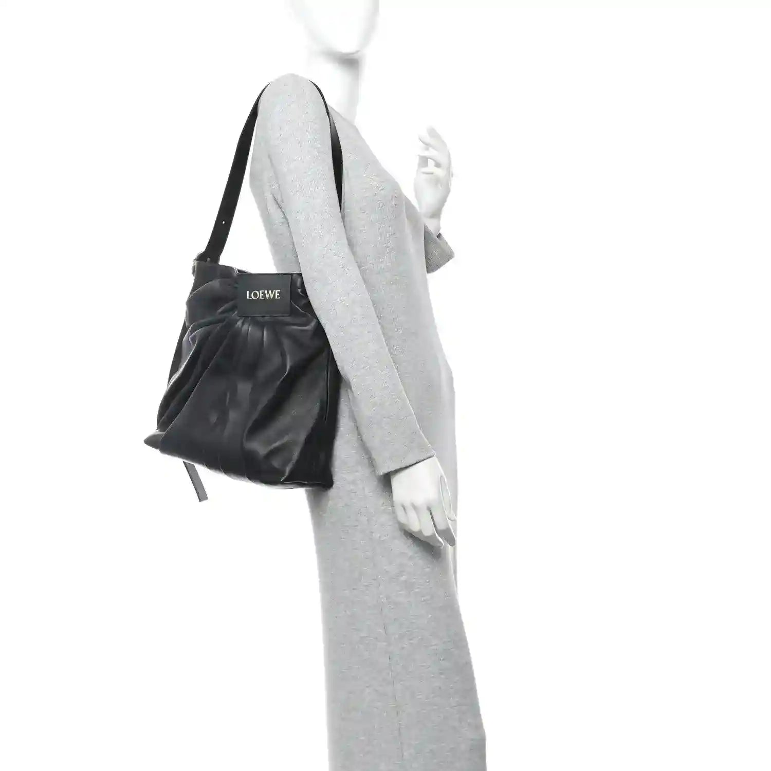 Black leather draped mini tote with shoulder strap and LOEWE logo