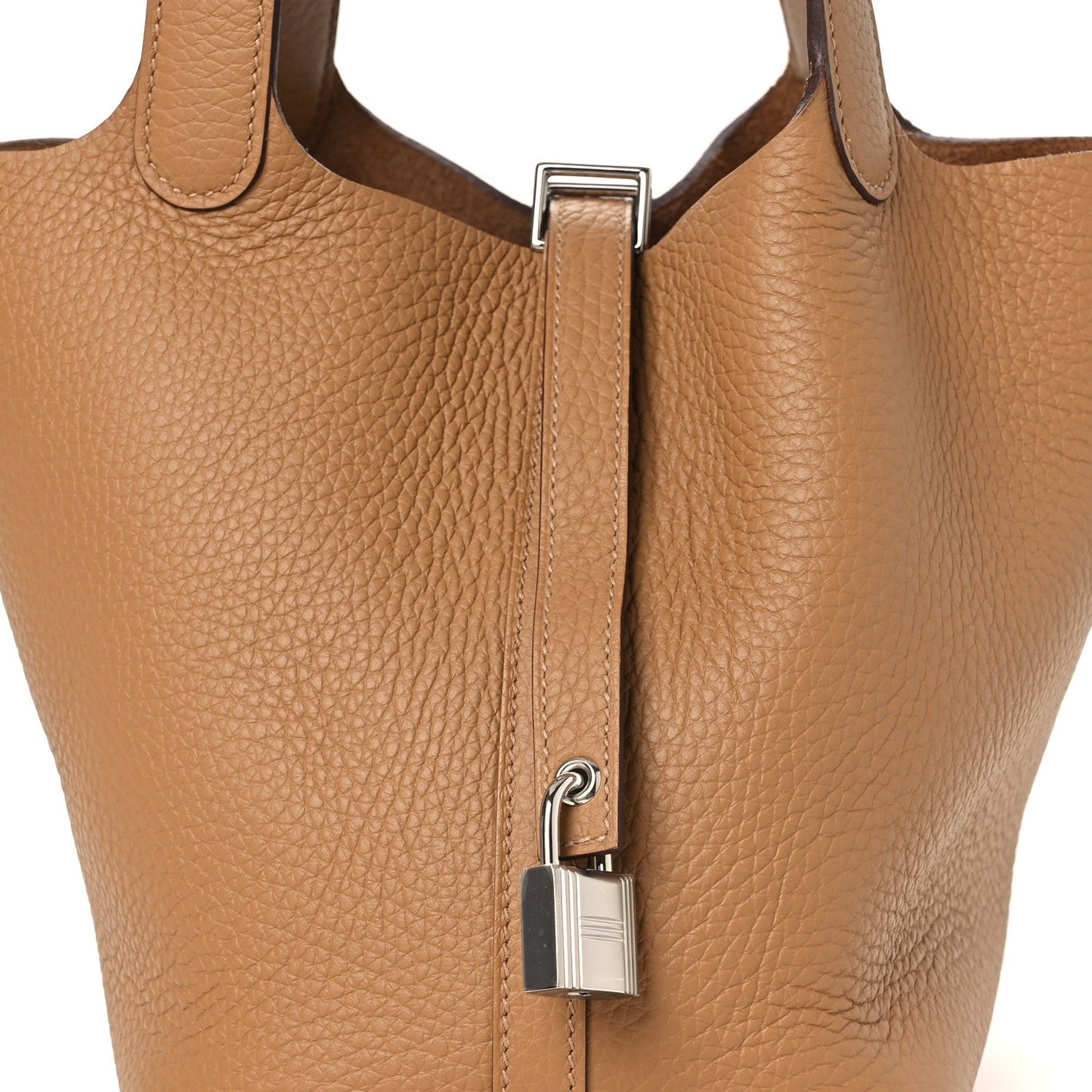 Biscuit leather bucket bag with metal lock and stitched strap
