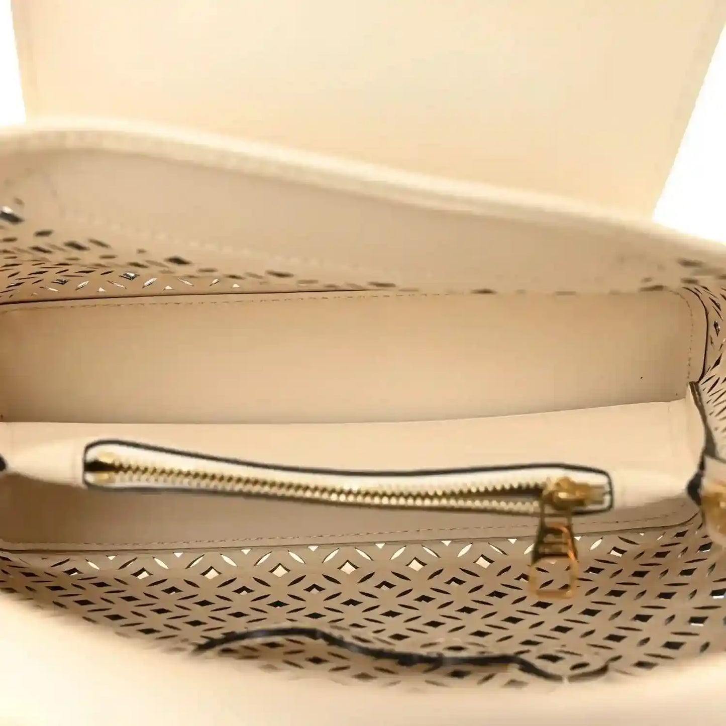 Louis Vuitton mini handbag open interior with zip closure and cut-out lattice edge