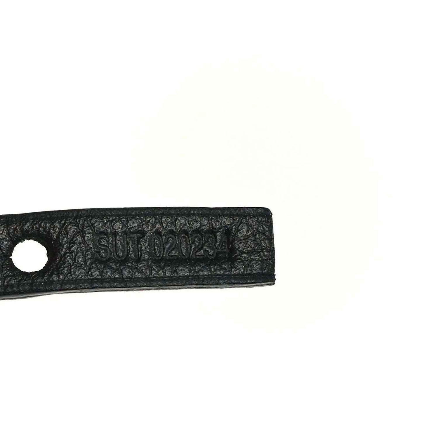 PM tote bag strap end with black leather and embossed serial text