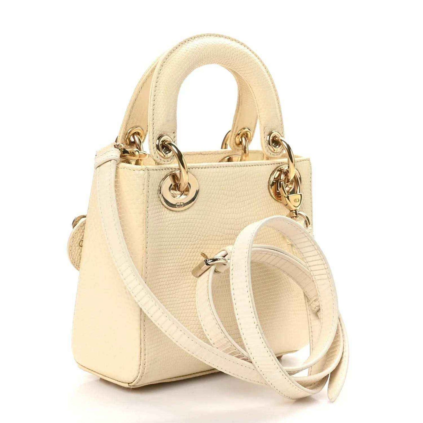 Ivory lizard-texture Lady Dior mini handbag with gold rings and crossbody strap