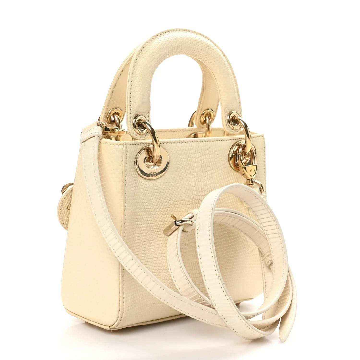 Ivory lizard-texture Lady Dior mini handbag with gold rings and crossbody strap