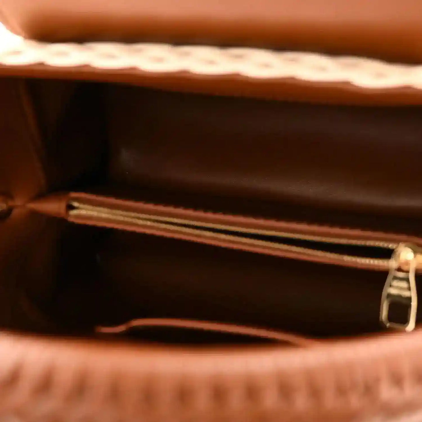 Tan handbag interior with brown leather lining and gold zipper hardware