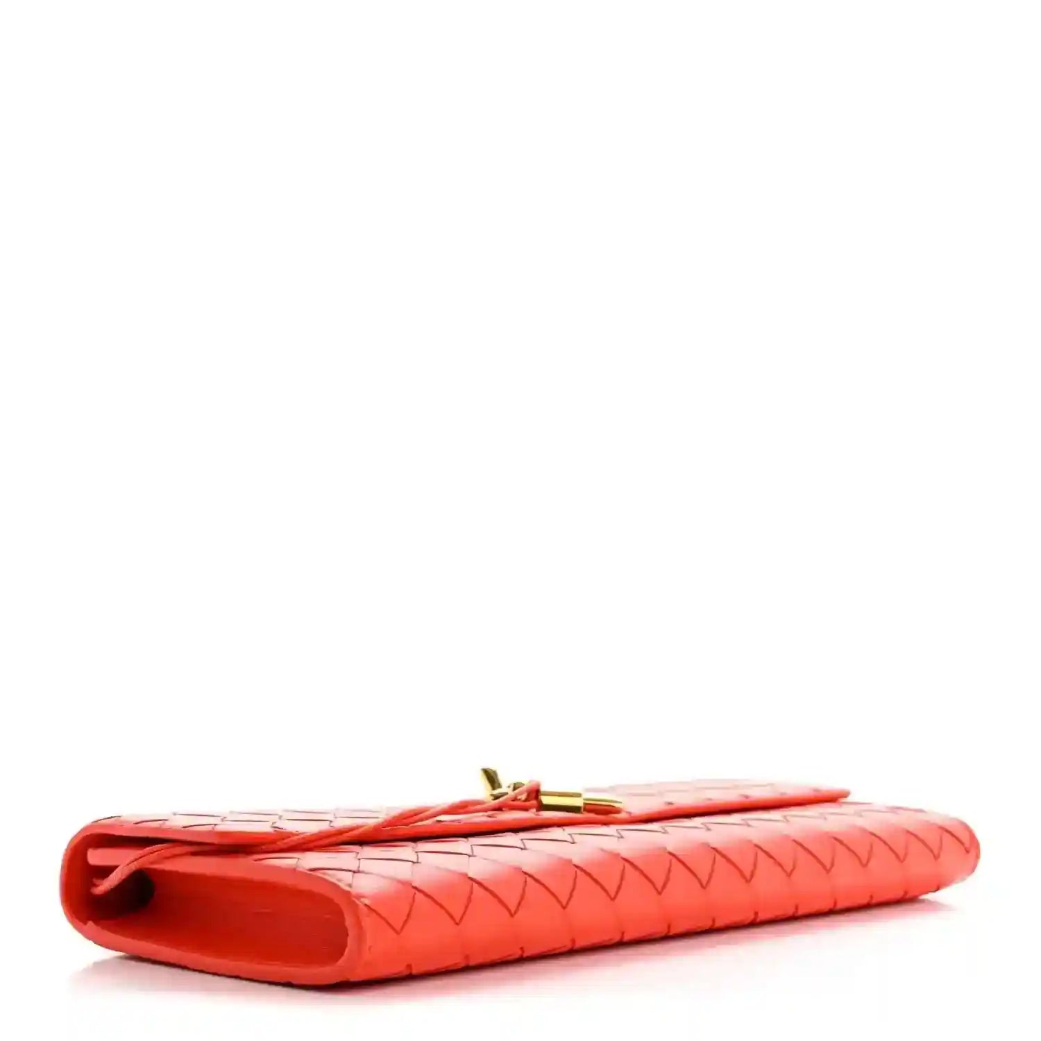 Orange intrecciato nappa clutch end view with visible interior opening