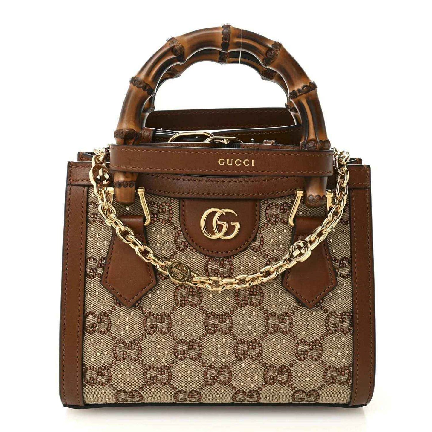 Mini tote bag with GG monogram canvas, brown leather trim, bamboo handles, gold-tone chain strap