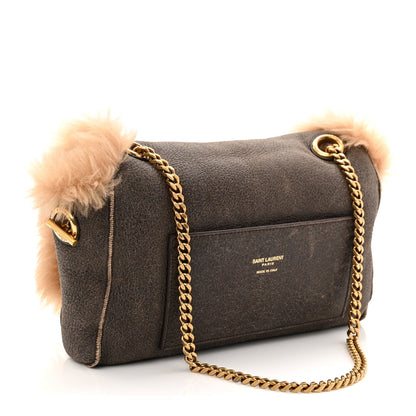 Reversible shearling satchel, dark brown leather side with gold chain strap