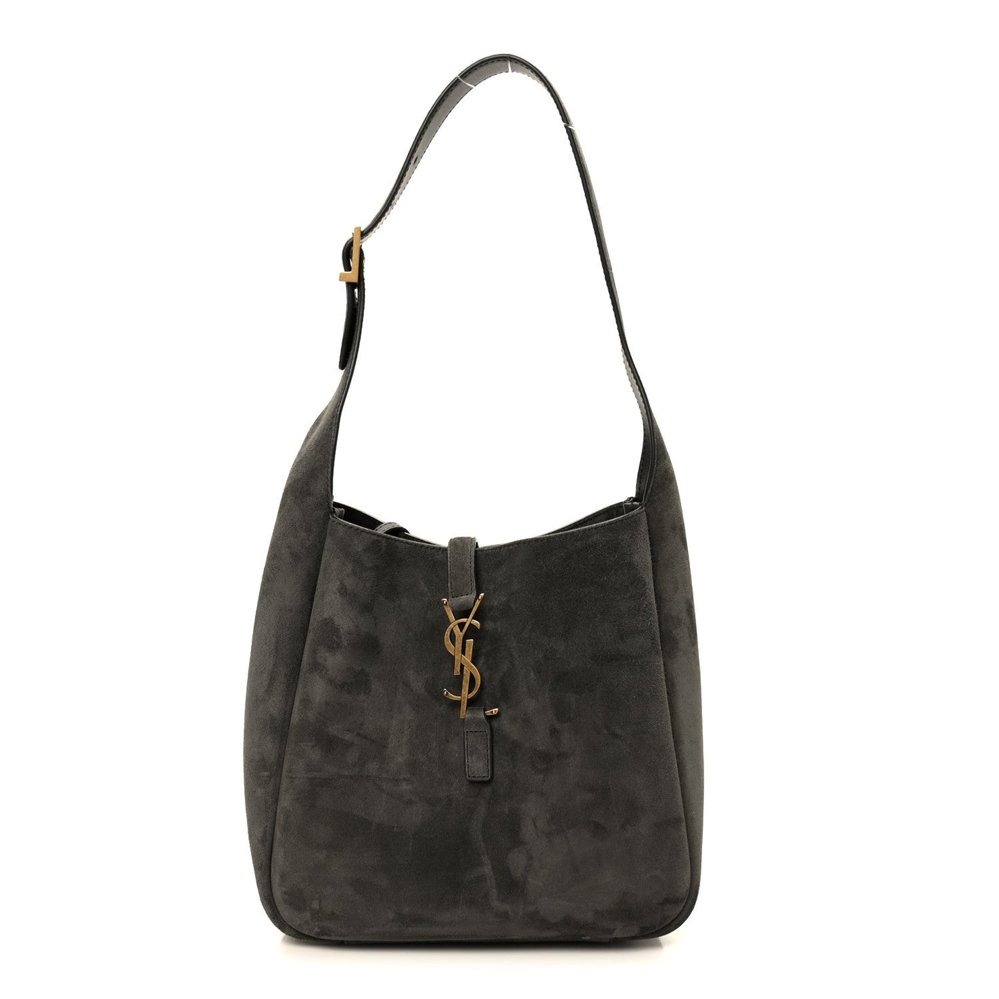 Grey suede small hobo bag with top handle and gold-toned YSL logo front