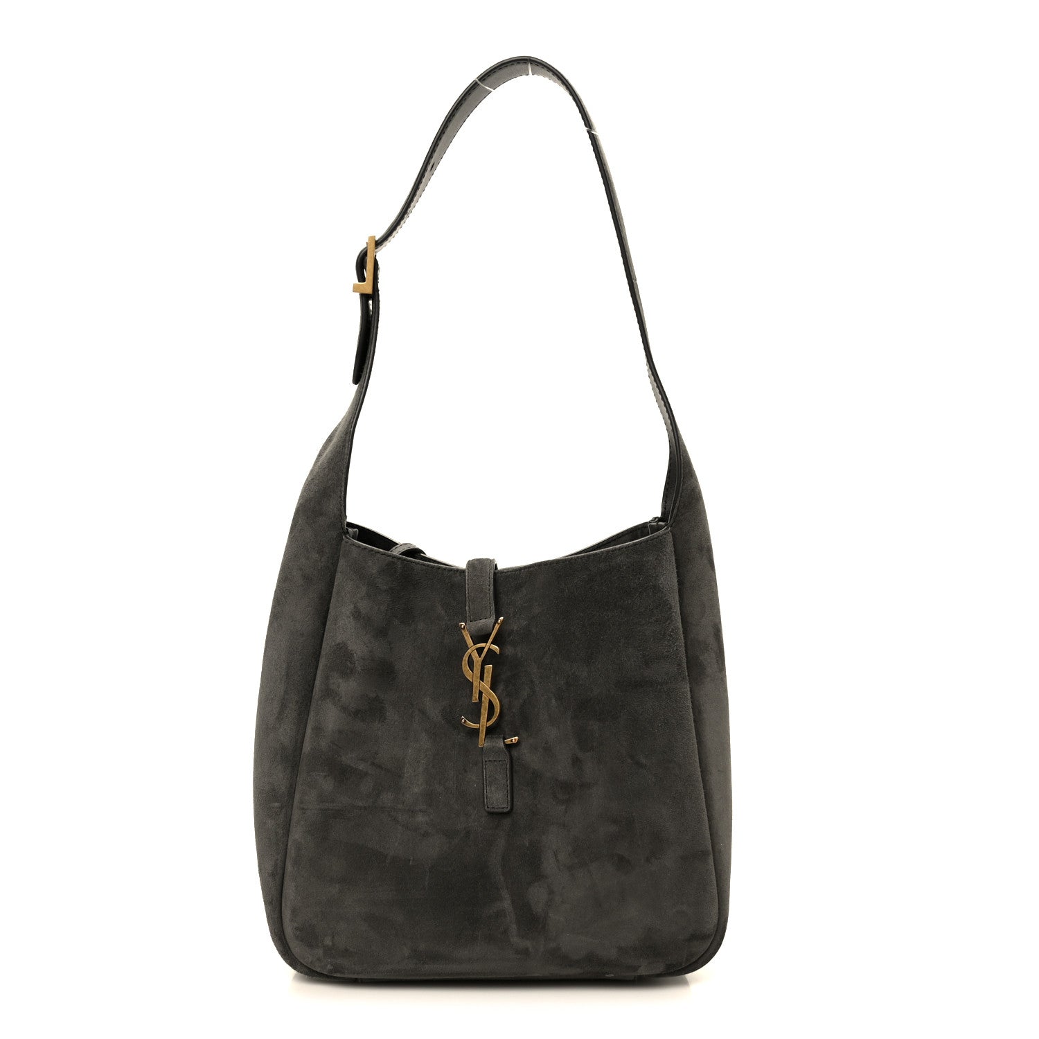 Grey suede small hobo bag with top handle and gold-toned YSL logo front