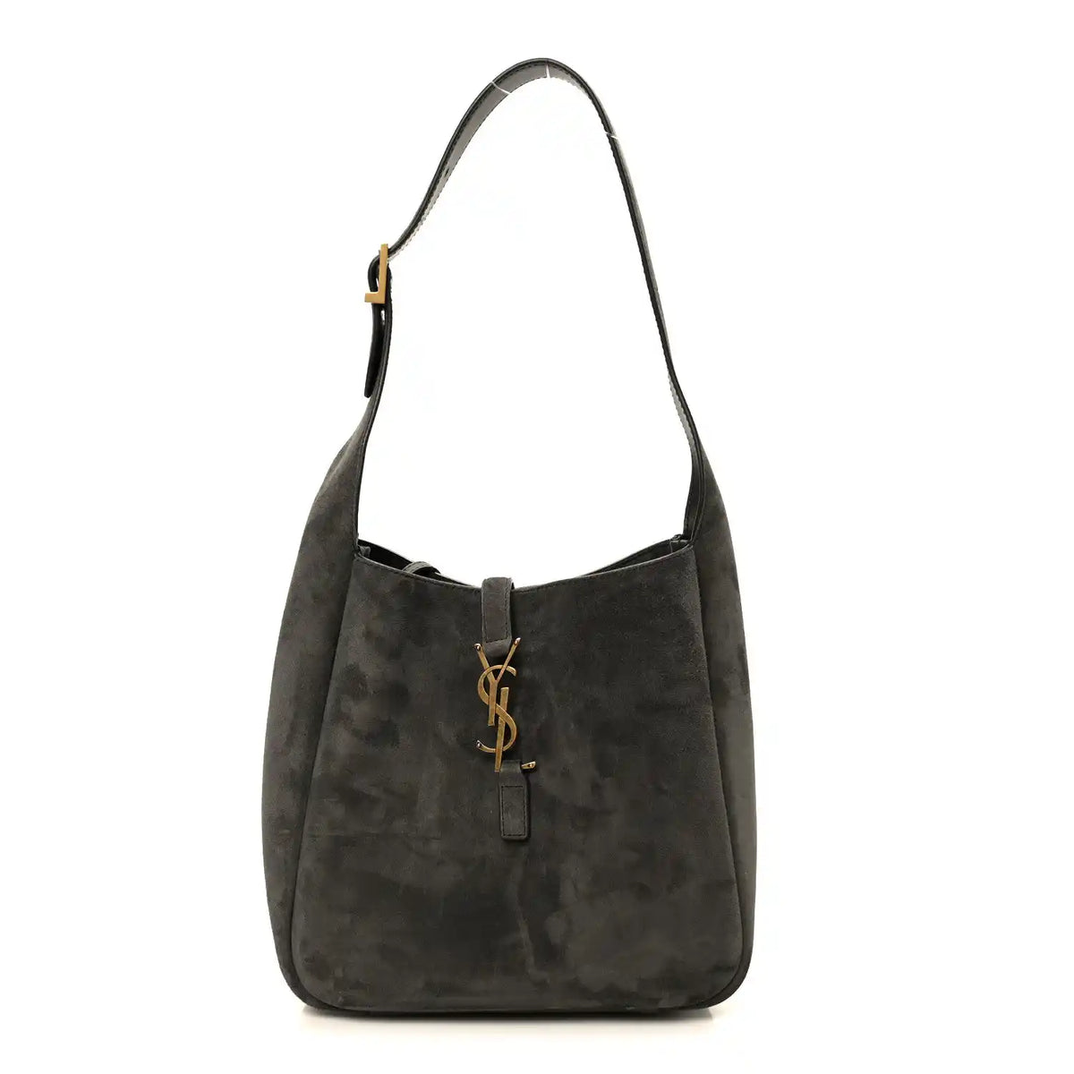 Grey suede small hobo bag with top handle and gold-toned YSL logo front
