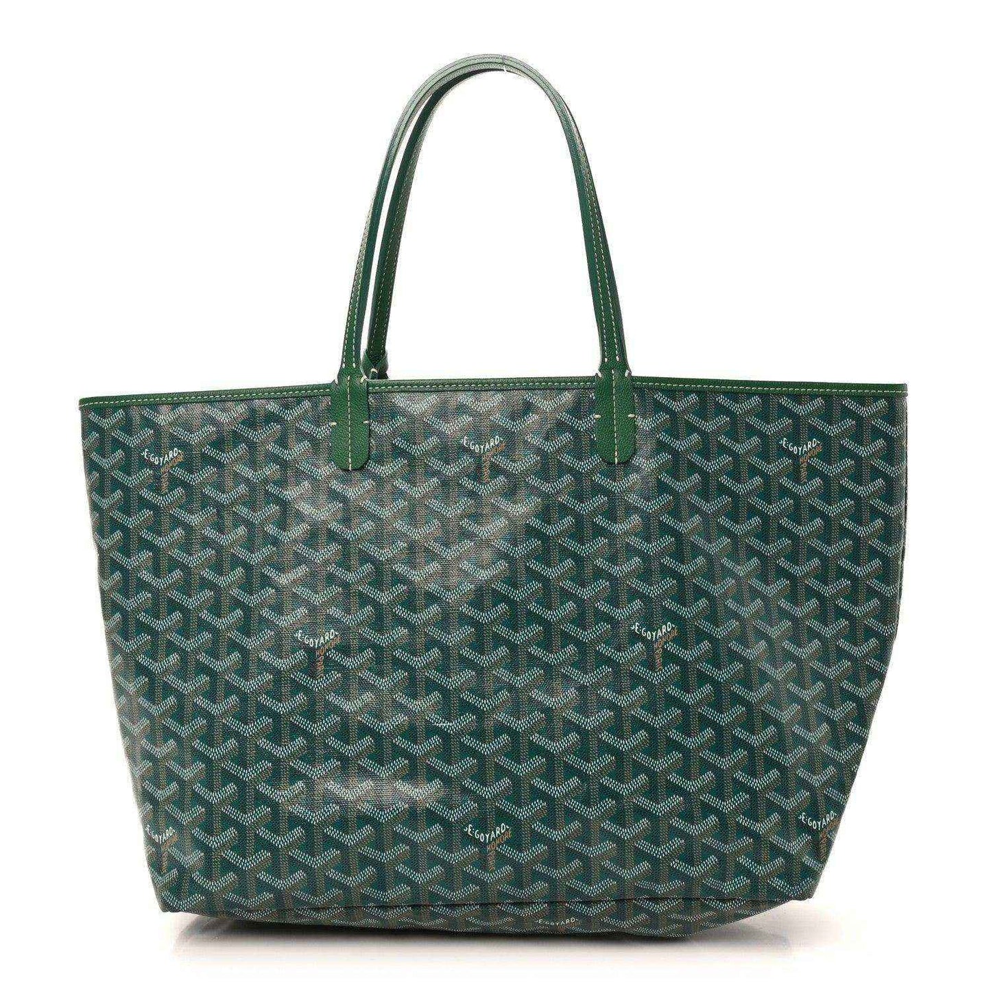 Green canvas tote bag with Goyardine pattern and top handles