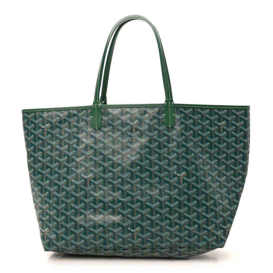 Green canvas tote bag with Goyardine pattern and top handles