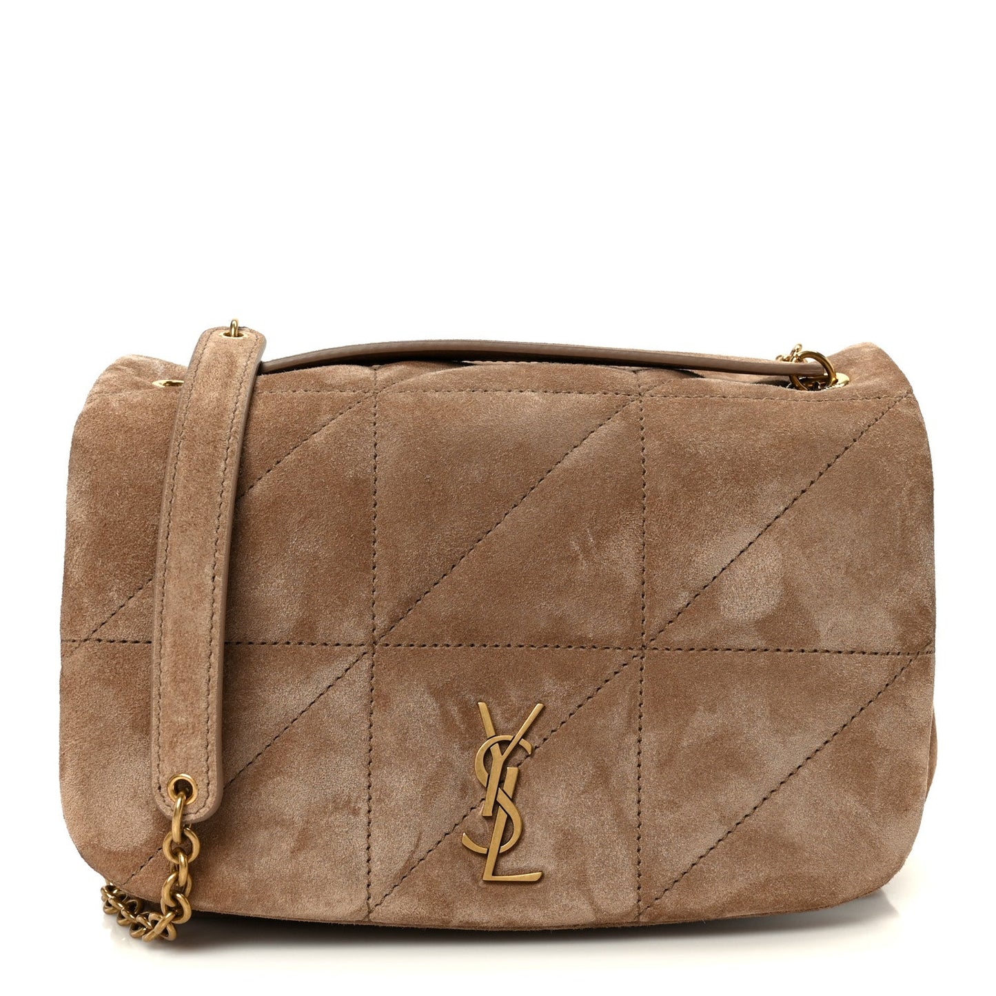 Taupe suede matelasse mini shoulder bag with gold YSL monogram and top flap