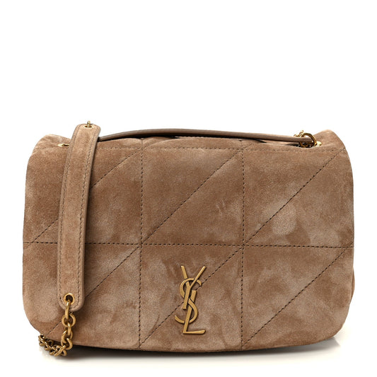Taupe suede matelasse mini shoulder bag with gold YSL monogram and top flap