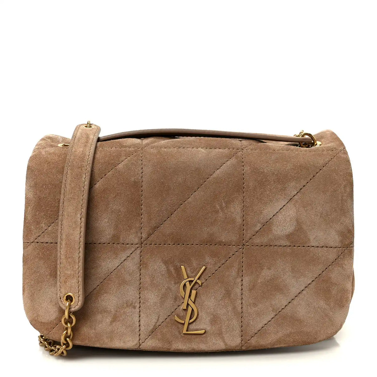 Taupe suede matelasse mini shoulder bag with gold YSL monogram and top flap