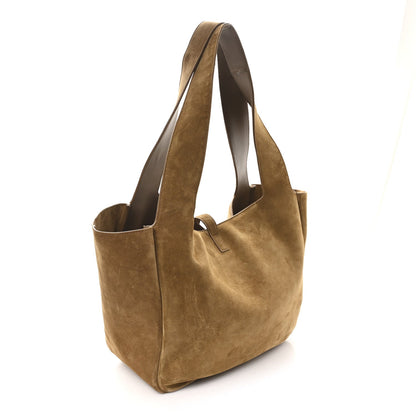 Suede tote bag with wide straps and structured base, golden-brown suede