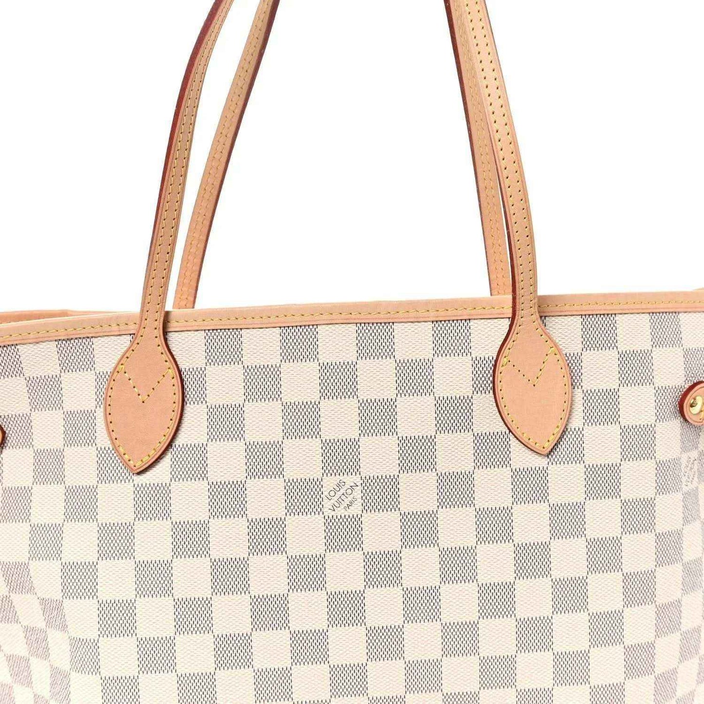 Louis Vuitton Damier Azur tote bag with pink leather top handles, checkered canvas