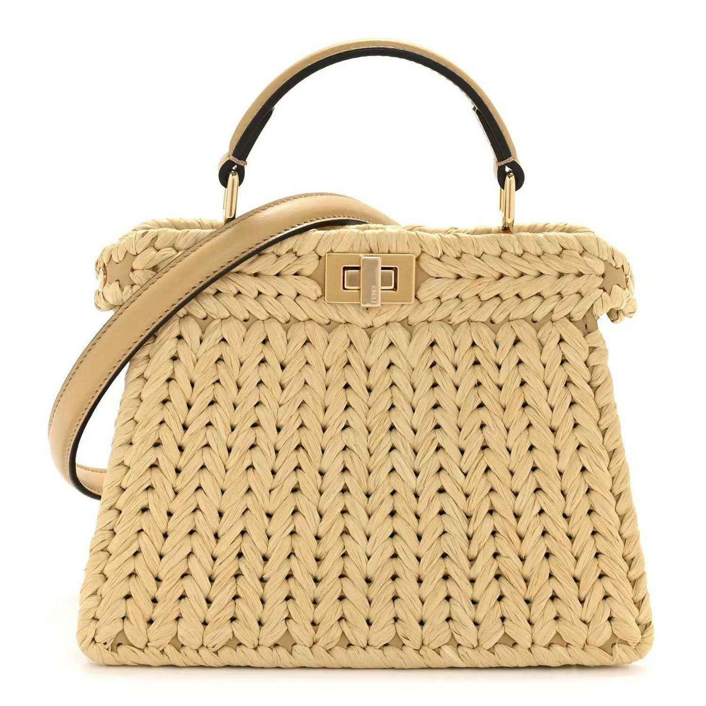 Petite raffia satchel bag with tan leather handles and gold-tone top clasp.