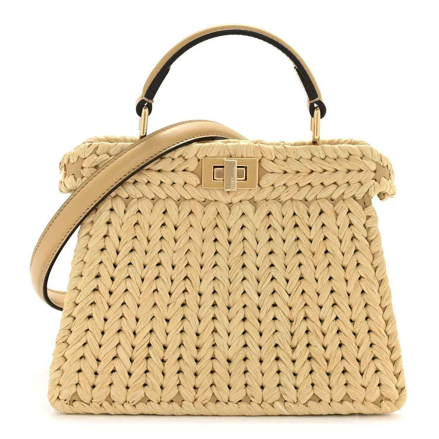 Petite raffia satchel bag with tan leather handles and gold-tone top clasp.