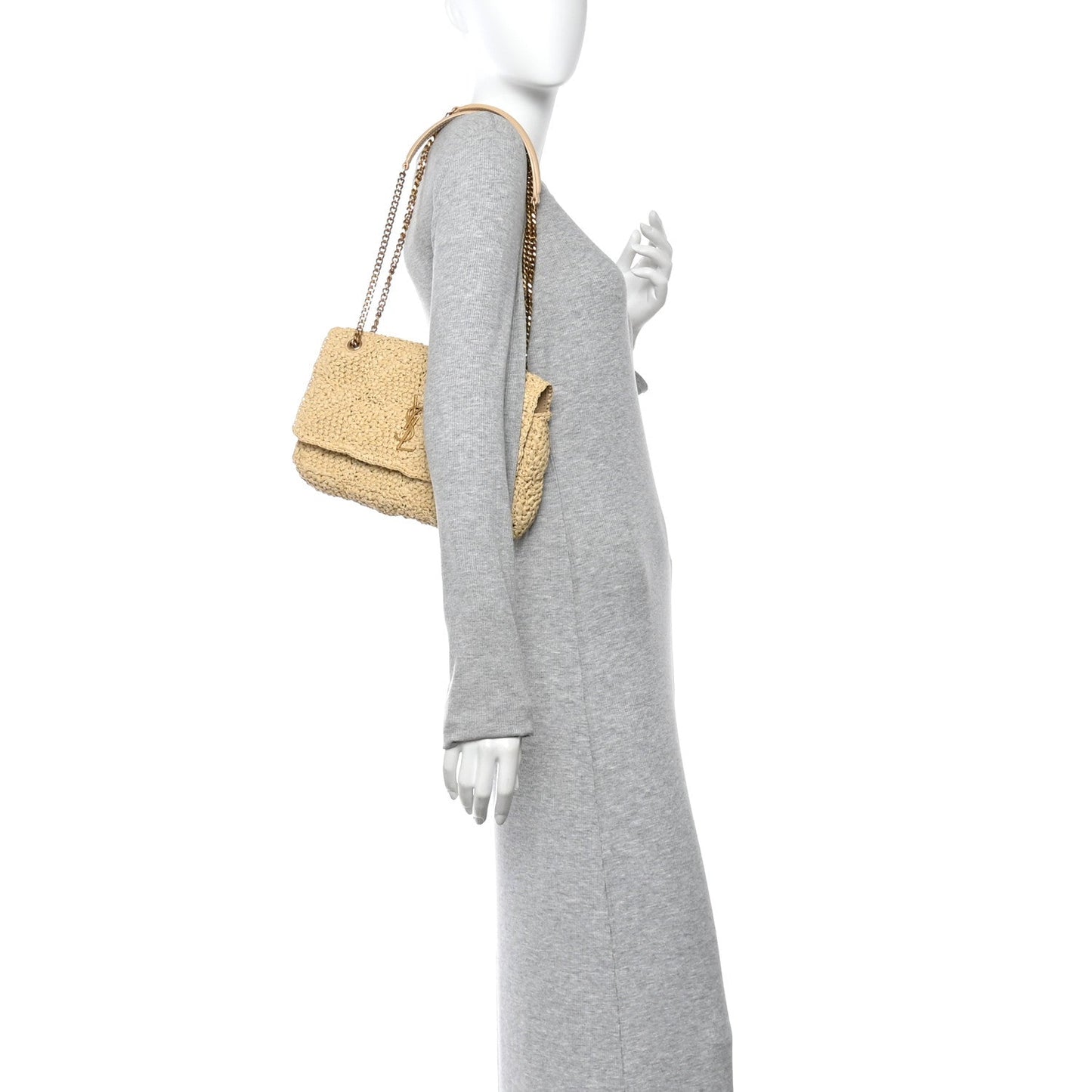 Natural raffia shoulder bag with gold chain strap
