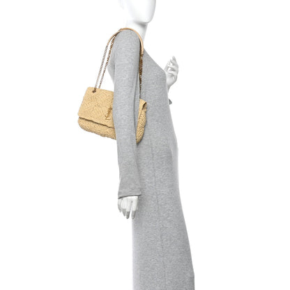Natural raffia shoulder bag with gold chain strap