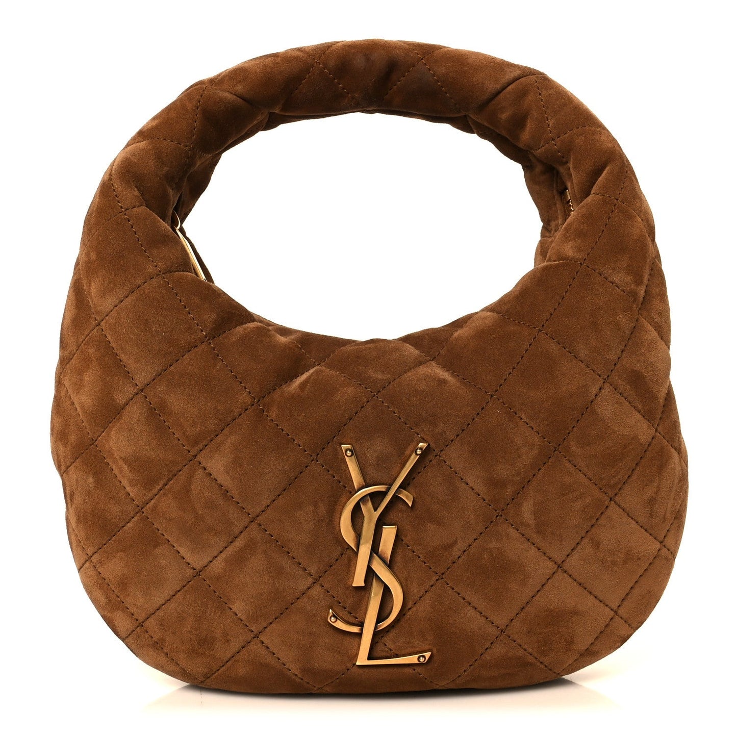 Cognac suede quilted tote bag with top handle and YSL logo