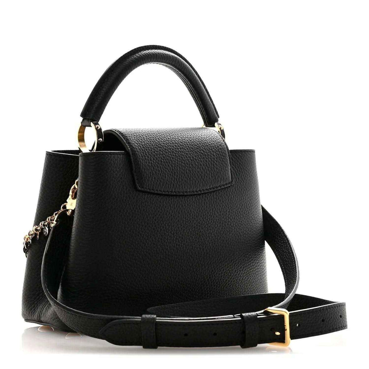 Black leather handbag with top handle, crossbody strap, and gold LV logo