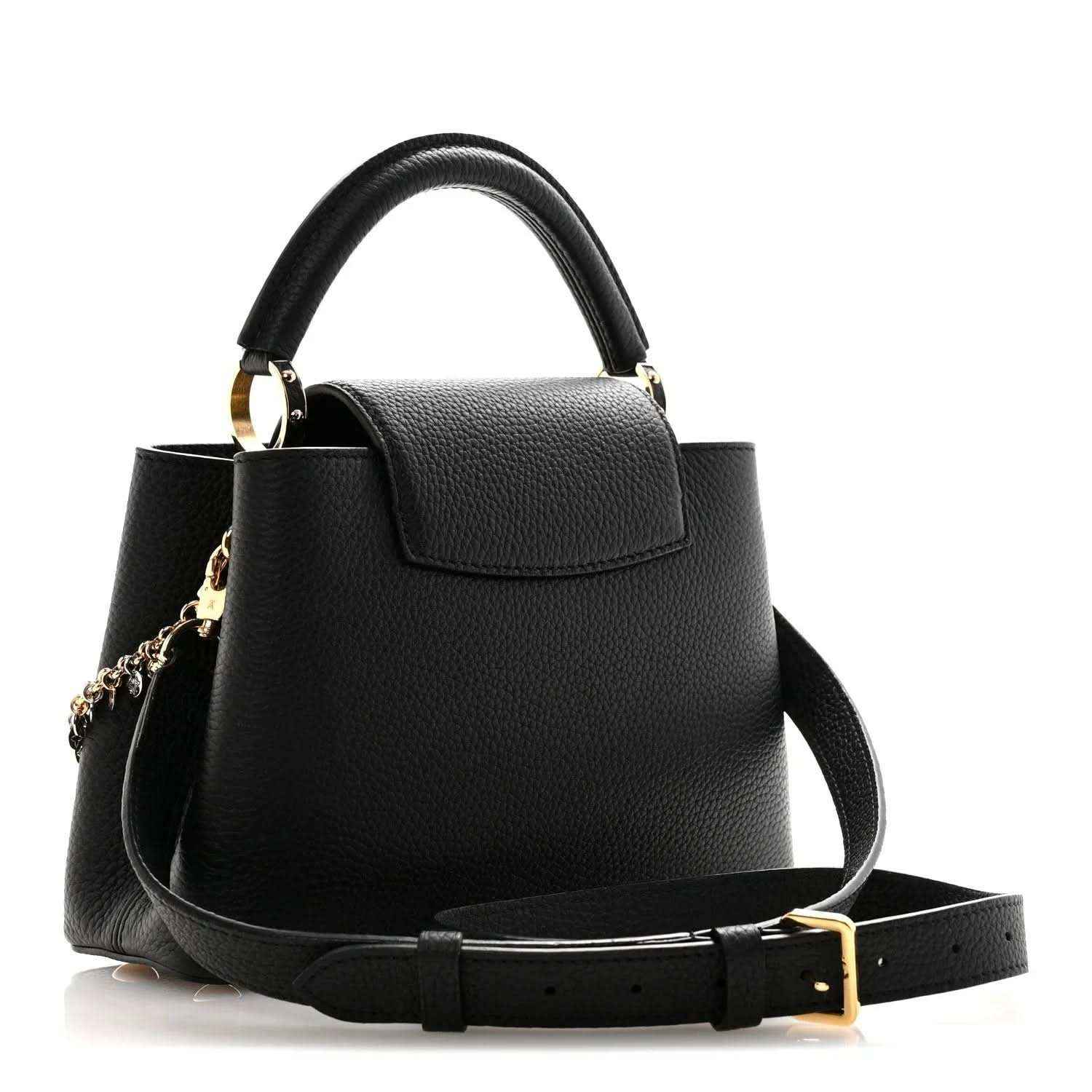 Black leather handbag with top handle, crossbody strap, and gold LV logo