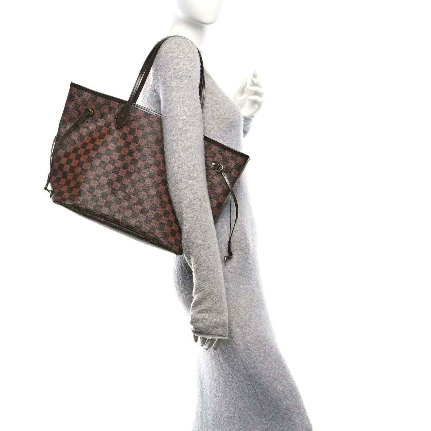 Damier Ebene tote bag with brown check canvas, wide strap, and dangling tie