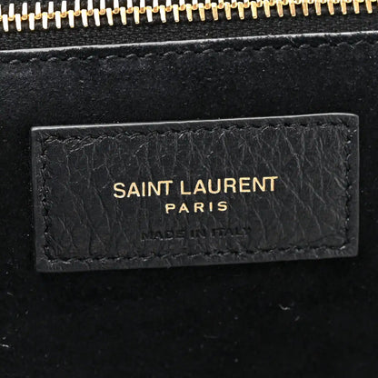 Black leather Bea tote label with gold “SAINT LAURENT PARIS” text