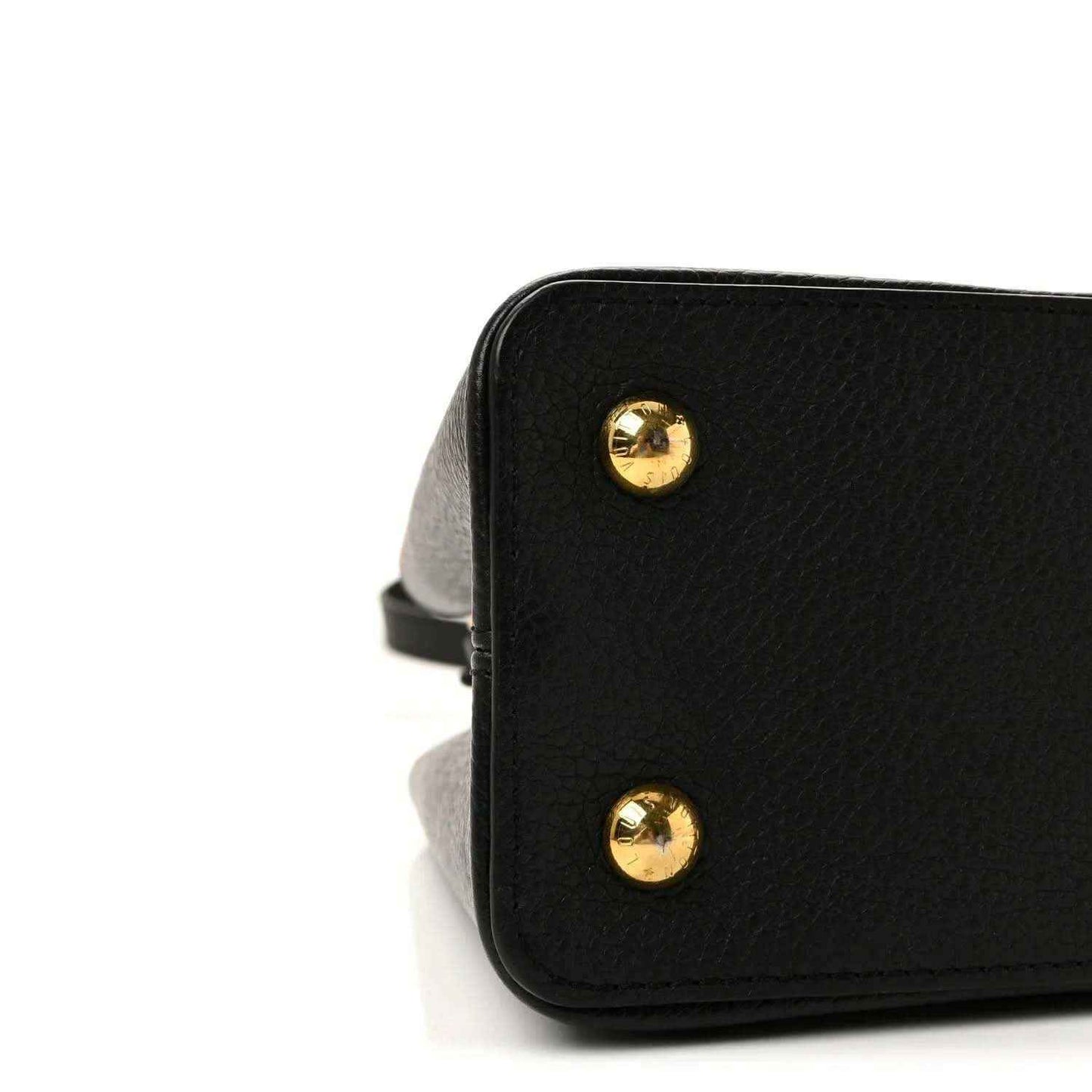 Louis Vuitton Capucines BB bag side in black leather with two gold stud accents