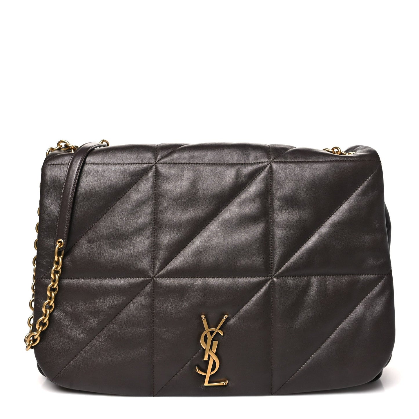 Saint Laurent quilted lambskin shoulder bag, dark brown, front view with YSL logo and chain.