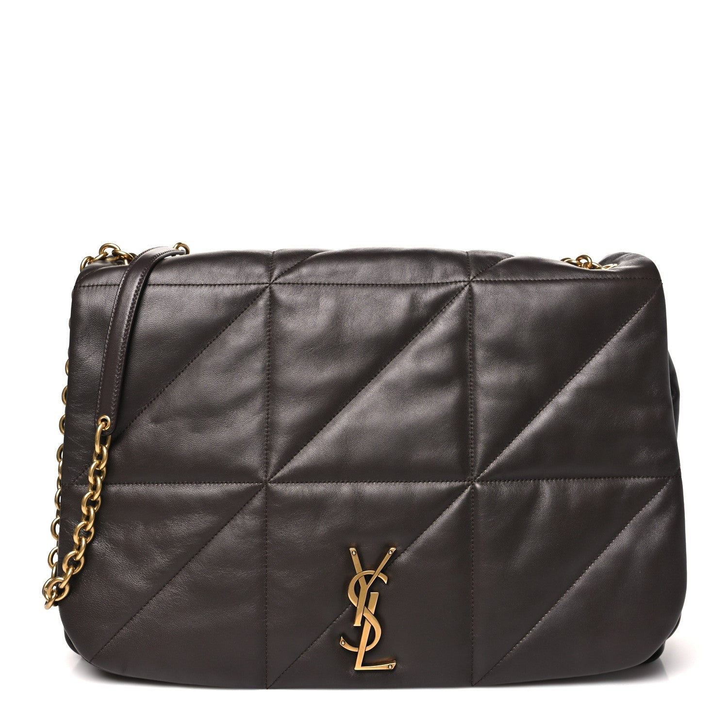 Saint Laurent quilted lambskin shoulder bag, dark brown, front view with YSL logo and chain.