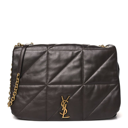 Saint Laurent quilted lambskin shoulder bag, dark brown, front view with YSL logo and chain.