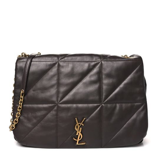 Saint Laurent quilted lambskin shoulder bag, dark brown, front view with YSL logo and chain.