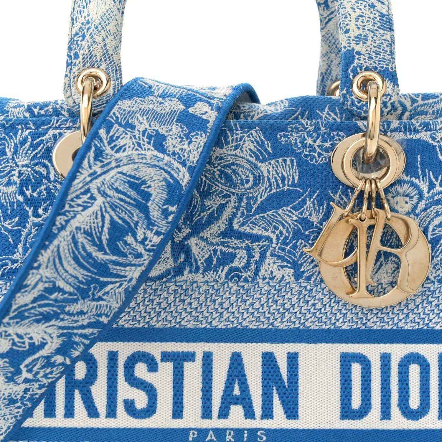Blue embroidered tote bag close-up with Dior-Paris logo and gold charm hardware.