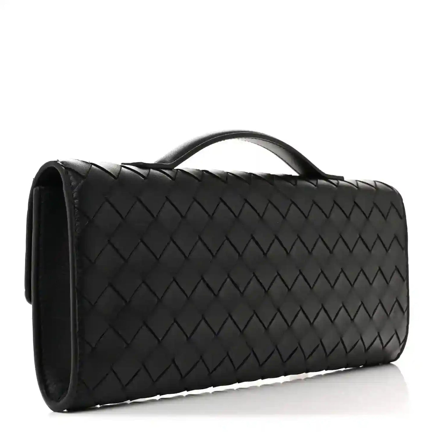 Bottega Veneta intrecciato leather top-handle clutch, black, side view