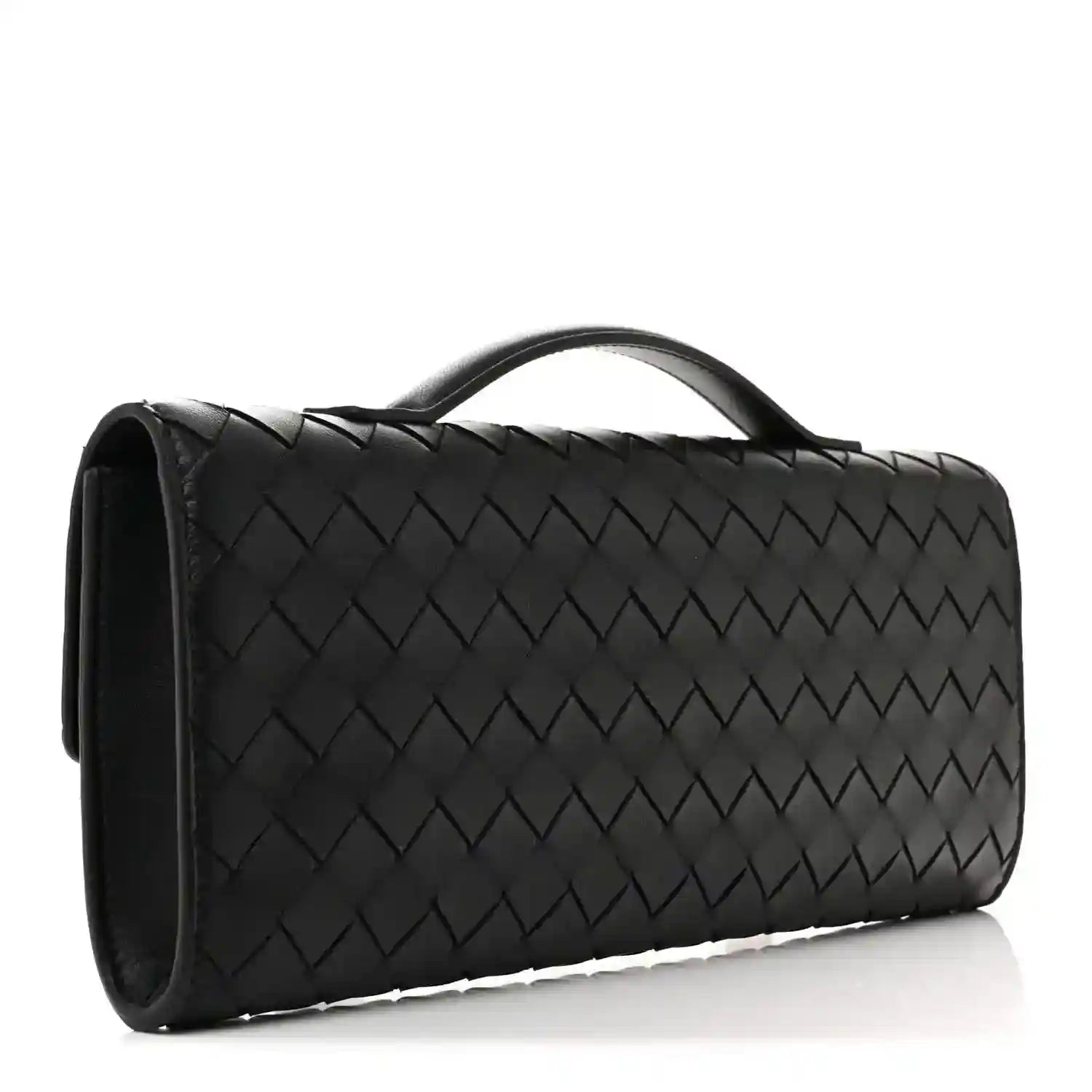 Bottega Veneta intrecciato leather top-handle clutch, black, side view