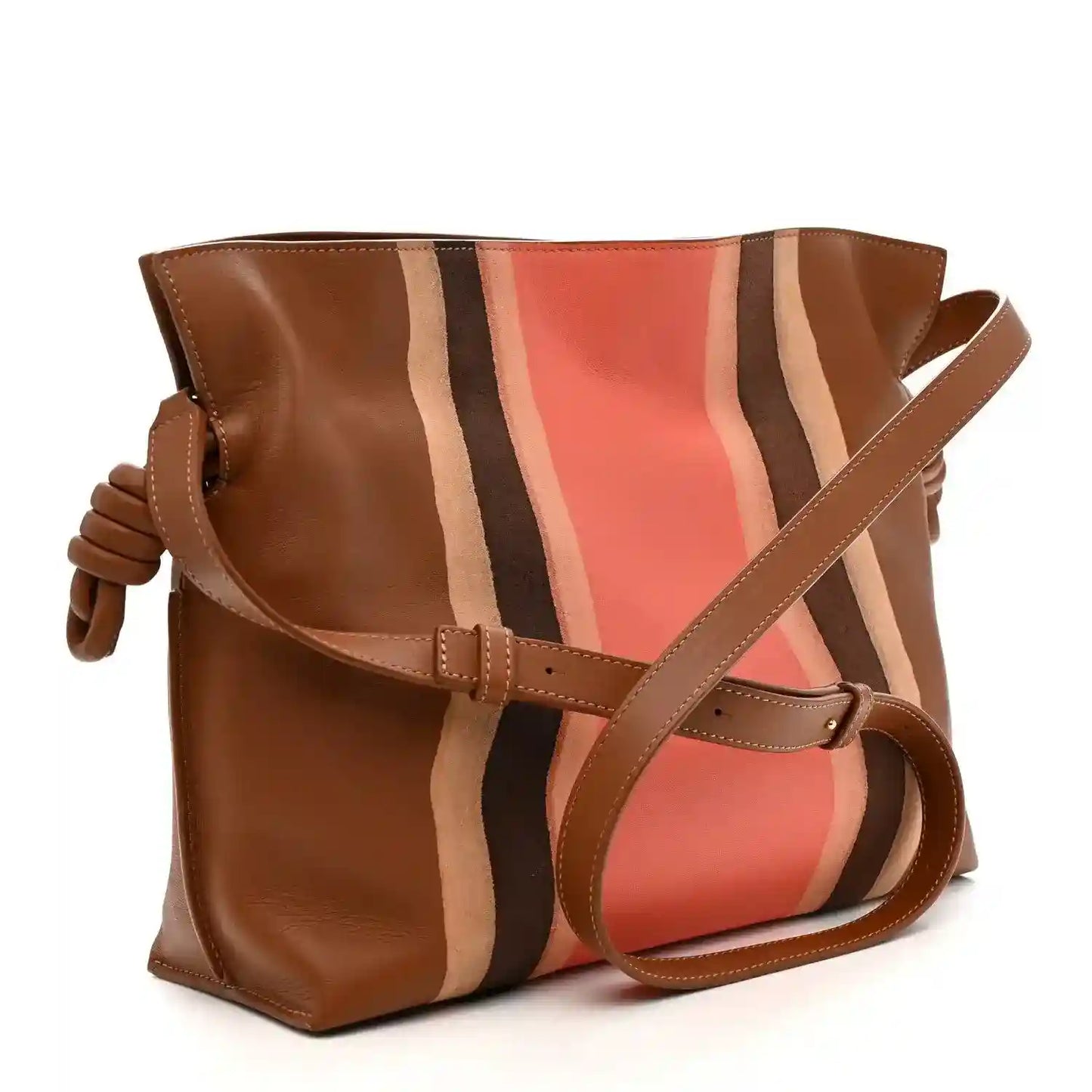 Flamenco knot clutch with crossbody strap, brown leather and coral center stripe