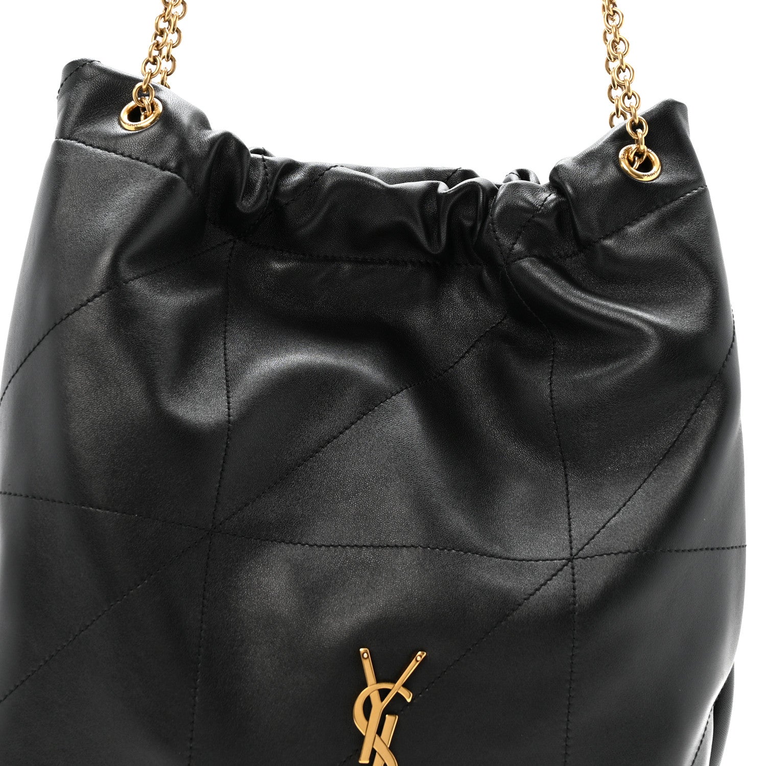Black quilted leather drawstring bag with gold chain and YSL monogram front