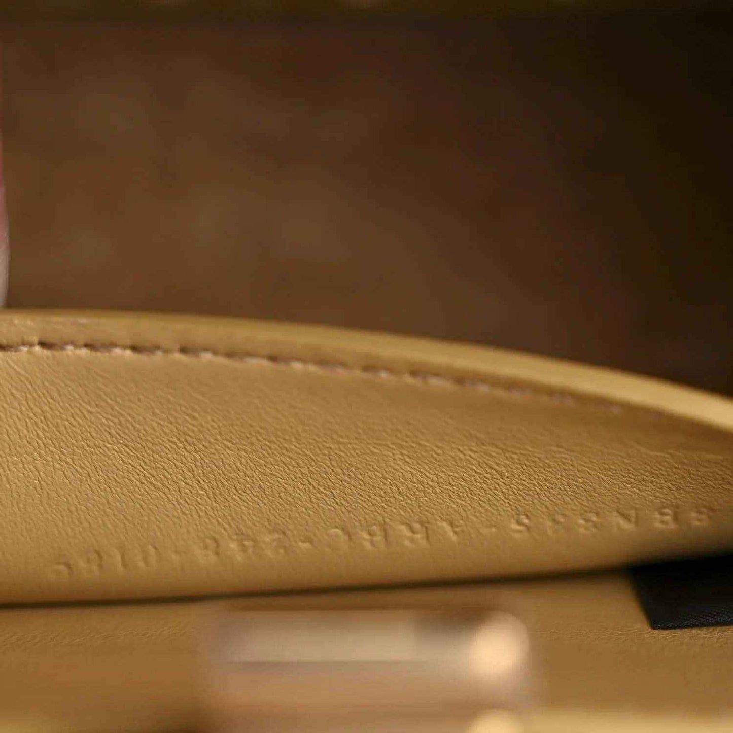 Petite satchel bag interior leather close-up with embossed text and stitched trim.