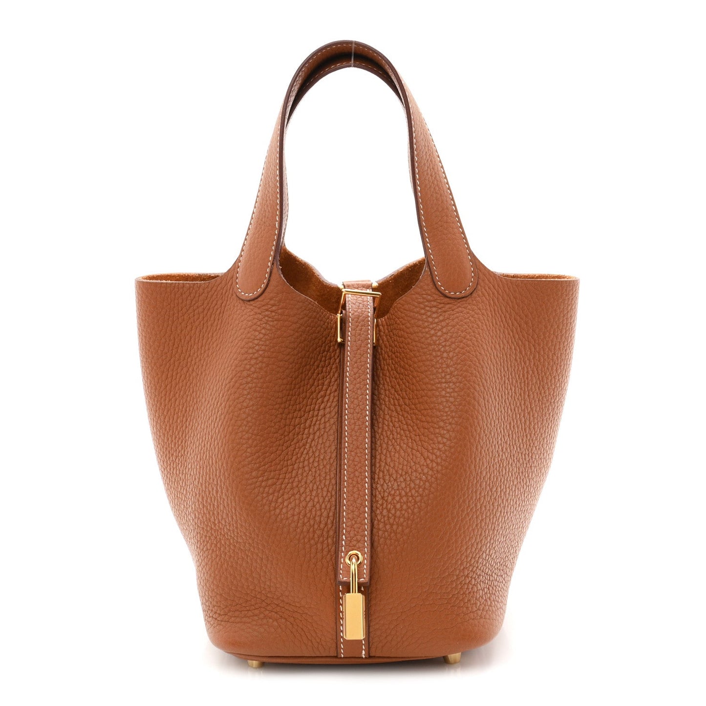 Tan leather bucket bag with central lock zip and gold-tone hardware