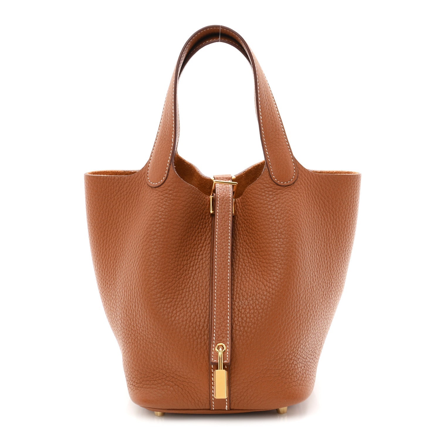 Tan leather bucket bag with central lock zip and gold-tone hardware