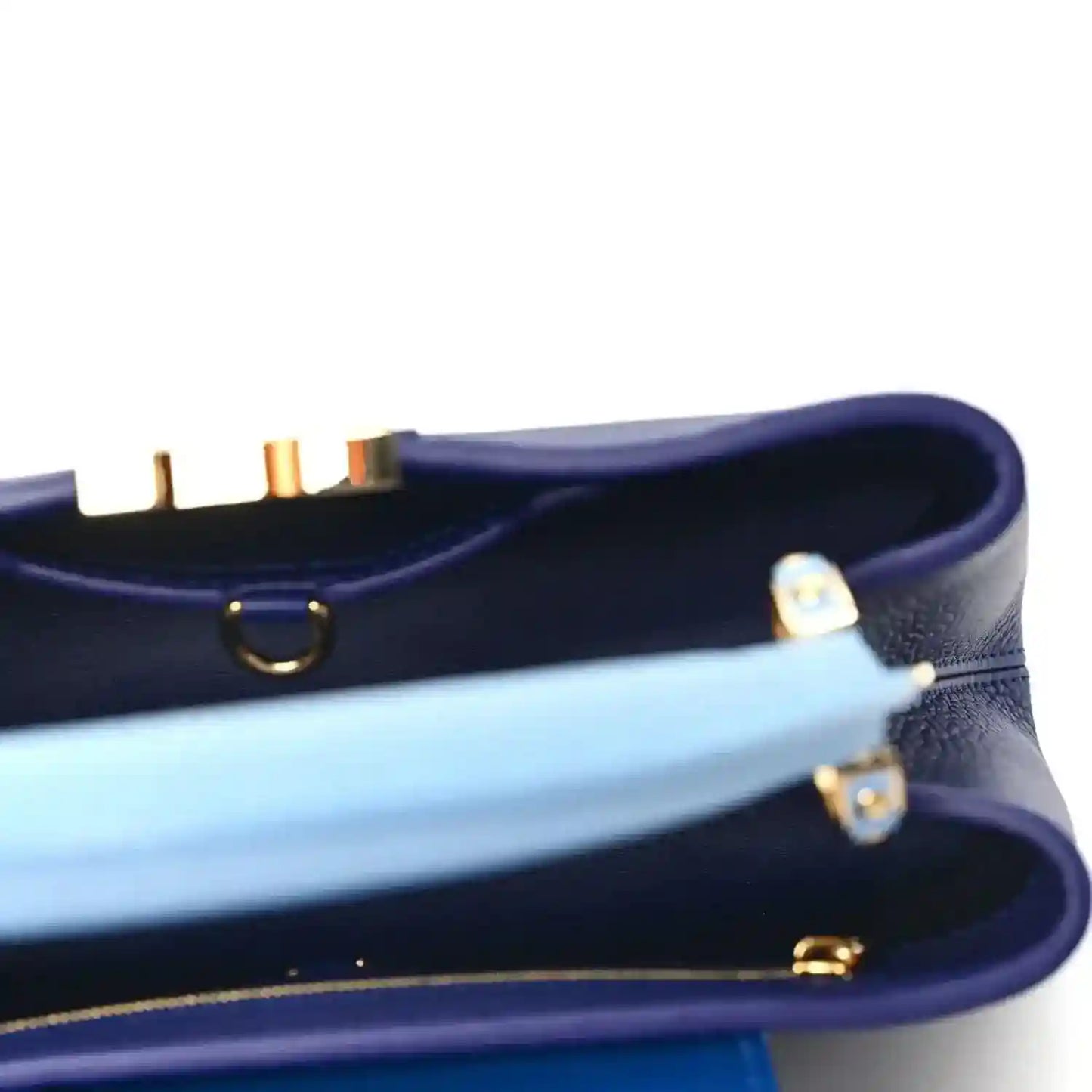 Open handbag interior with smooth lining and gold-tone hinge hardware