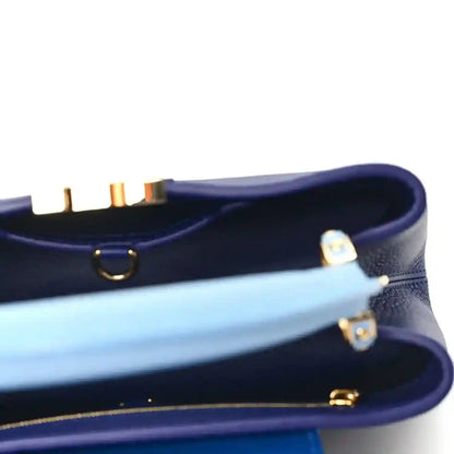 Open handbag interior with smooth lining and gold-tone hinge hardware