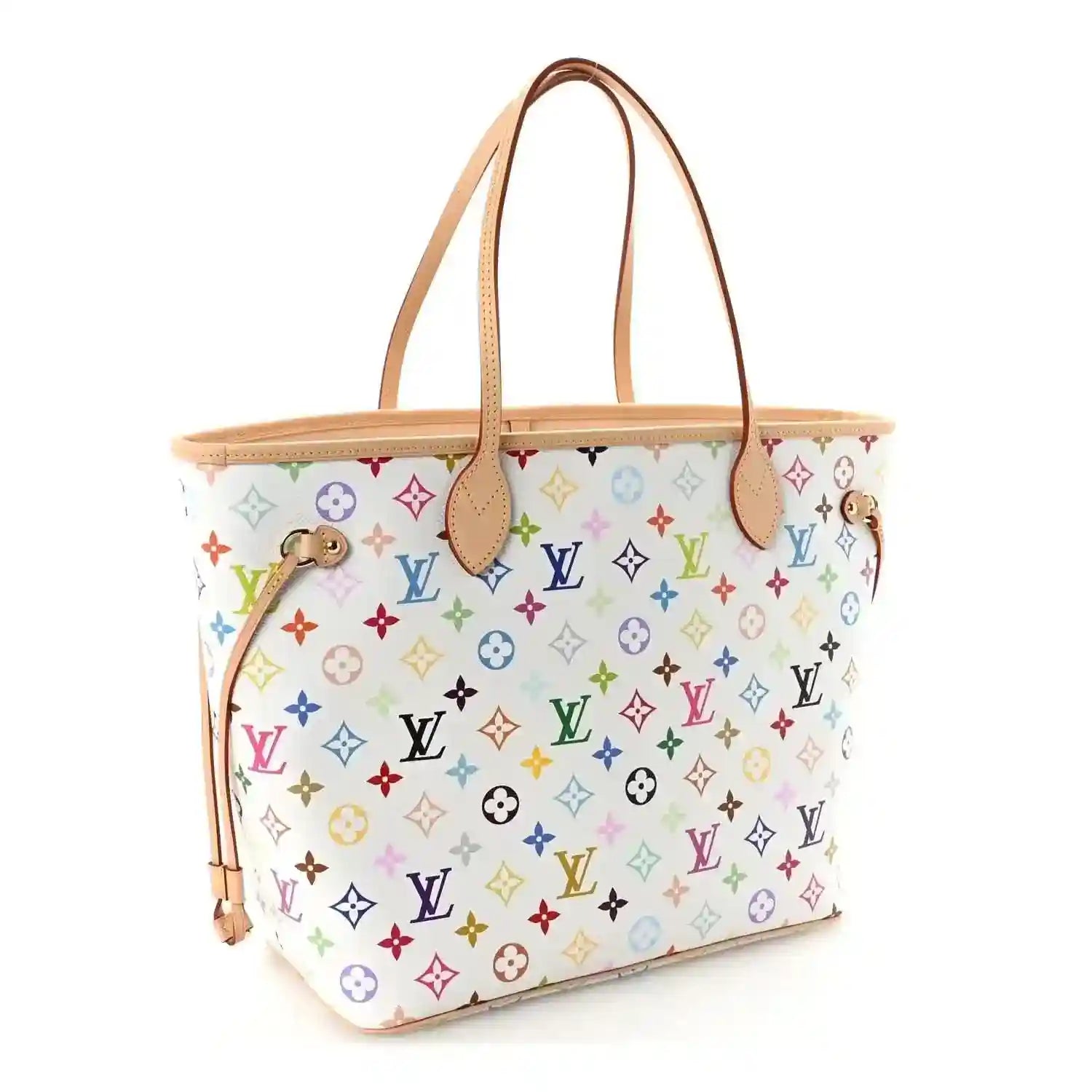 White multicolor monogram Neverfull MM tote with tan leather handles and tassel detail