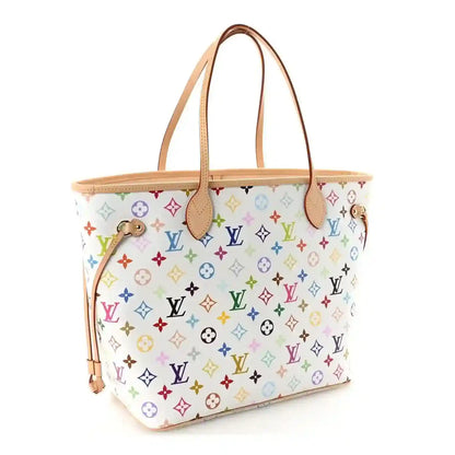 White multicolor monogram Neverfull MM tote with tan leather handles and tassel detail